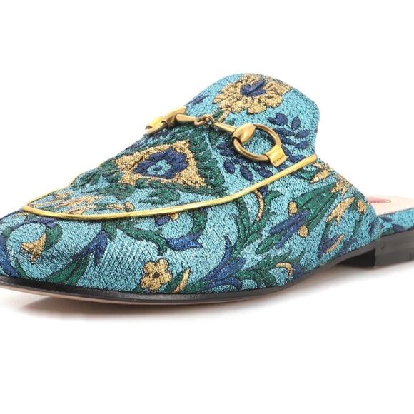 Gucci Princetown Slipper Slides Blue Gold Horsebit Mules - Picture 10 of 10